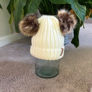 Simplicity Cream Knit Hat with Brown Faux Fur Pom Poms